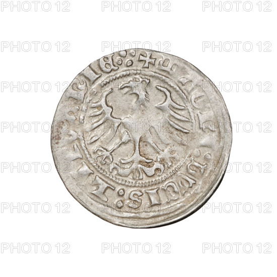Lithuanian half-grosz, Sigismund I the Old (king of Poland; 1506–1548). Obverse: Pogon (Lithuanian coat of arms) turned left; in the rim between pearl borders an inscription: + COIN:SIGISMVNDI:1511. Reverse: Polish crowned Eagle; in the rim between pearl borders an inscription: + MAGNI:DVCIS:L, NIE.:., 1511. Grand Duchy of Lithuania, Vilnius, Poland. Coin (half-grosz), dia. 20.0–20.4 mm, weight 1.21 g. R8 (rarity). Subjects: eagles; Jagiellon dynasty; coats of arms. Maker/date: Sigismund I the Old, 1511.