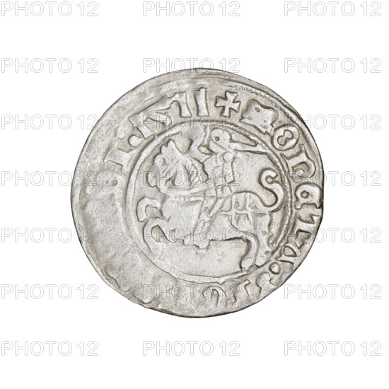 Lithuanian half-grosz, Sigismund I the Old (king of Poland; 1506–1548). Obverse: Pogon (Lithuanian coat of arms) turned left; in the rim between pearl borders an inscription: + COIN:SIG, I:1511. Reverse: Polish eagle with crown; in the rim between pearl borders an inscription: + MA, VCIS:LITVANIE, 1511. Grand Duchy of Lithuania, Vilnius. Coin; diameter 19.7–20.0 mm, weight 1.27 g. R8 (rarity).
