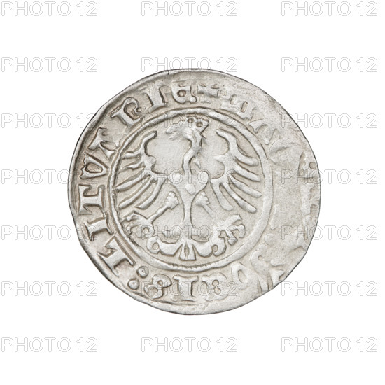 Lithuanian half-grosz, Sigismund I the Old (king of Poland; 1506–1548). Obverse: Pogon (Lithuanian coat of arms) turned left; in the rim between pearl borders an inscription: + COIN:SIG, I:1511. Reverse: Polish crowned eagle; in the rim between pearl borders an inscription: + MA, VCIS:LITVANIE, 1511. Grand Duchy of Lithuania, Vilnius. Coin. Diameter 19.7–20.0 mm; weight 1.27 g. R8 (rarity). Coats of arms: Eagle, Pogon; Jagiellon dynasty; Polish coins.