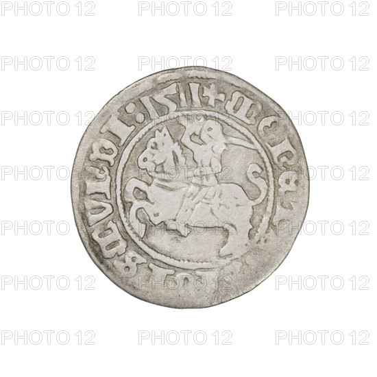 Lithuanian half-grosz, Sigismund I the Old (king of Poland; 1506–1548). Obv.: Pogon (Lithuanian coat of arms) turned left; in the rim between pearl borders an inscription: + MONET, ISMVNDI:1511. Rev.: Polish crowned Eagle; in the rim between pearly borders an inscription: + MAGNI:DVCIS:LITV, NIE, 1511. Grand Duchy of Lithuania, Vilnius. Coin (half-grosz), diameter 19.5–20.0 mm, weight 1.08 g. Rarity: R8.
