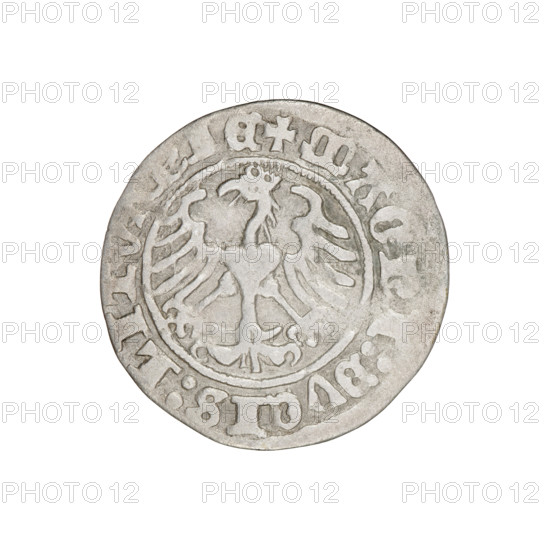 Lithuanian half-grosz, Sigismund I the Old (king of Poland; 1506–1548). Obv.: Pogon turned left; in the rim between pearl borders an inscription: + MONET, ISMVNDI:1511. Rev.: Polish Eagle with a crown; in the rim between pearly borders an inscription: + MAGNI:DVCIS:LITV, NIE, 1511. Grand Duchy of Lithuania, Vilnius, Poland. Coin; diameter 19.5–20.0 mm; weight 1.08 g. R8 (rarity). Coats of arms: Eagle, Pogon. Jagiellon dynasty.
