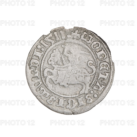 Lithuanian half-grosz, Sigismund I the Old (King of Poland; 1506–1548). Obverse: Pursuer (coat of arms of Lithuania) turned left; in the rim between pearl borders an inscription: + COIN:SIGISMVNDI:1511:. Reverse: Polish eagle with a crown; in the rim between pearl borders an inscription: + MAGNI:DVCIS:LITVANIE. Dated 1511. Grand Duchy of Lithuania. Coin diameter 20.0–20.1 mm; weight 1.04 g. Subjects: eagles; Jagiellon dynasty; coats of arms.