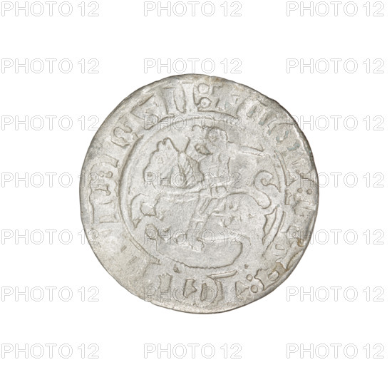Lithuanian half-grosz, Sigismund I the Old (King of Poland; 1506–1548). Obverse: Pursuer turned left; in the rim between pearl borders an inscription: + MONETA, IGISMVNDI:1511:. Reverse: Polish eagle with a crown; in the rim between pearly borders an inscription: + MAGNI, DVCIS:LITVANIE, 1511. Grand Duchy of Lithuania. Coin. Diameter 19.2–19.6 mm. Weight 1.10 g.