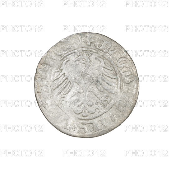 Lithuanian half-grosz, Sigismund I the Old (King of Poland; 1506–1548). Obverse: Pursuer (coat of arms of Lithuania) turned left; in the rim between pearl borders an inscription: + MONETA, IGISMVNDI:1511:. Reverse: Polish Eagle with a crown; in the rim between pearly borders an inscription: + MAGNI, DVCIS:LITVANIE, 1511. Jagiellon dynasty; coats of arms. Grand Duchy of Lithuania, Vilnius. Coin; diameter ~19.2–19.6 mm; weight 1.10 g.