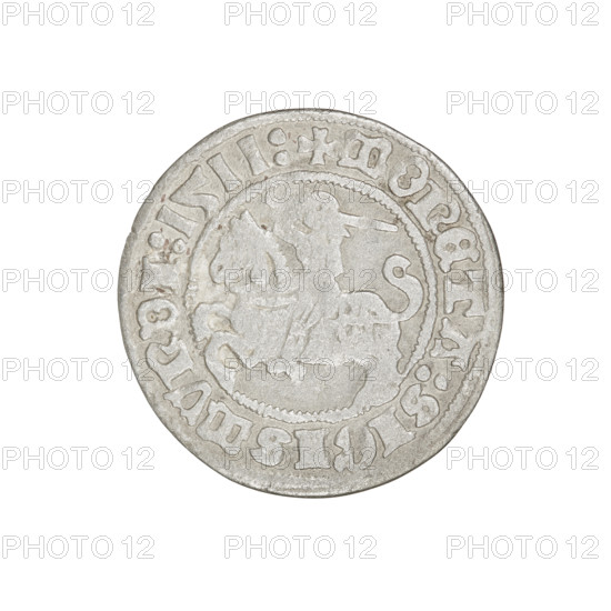 Lithuanian half-grosz, Sigismund I the Old (king of Poland; 1506–1548). Obv.: Pogon (turned left); in the rim between pearl borders an inscription: + COIN:SIGISMVNDI:1511:. Rev.: Polish eagle with crown; in the rim between pearly borders an inscription: + MAGNI:DVCIS:LITVANIE. Date: 1511. Grand Duchy of Lithuania, Vilnius, Poland. Materials/style: coin. Diameter: ca. 20.0–20.4 mm. Weight: 1.02 g. Subjects/arms: Pogon (coat of arms), Eagle (coat of arms), Jagiellonians (dynasty). Rarity: R8.