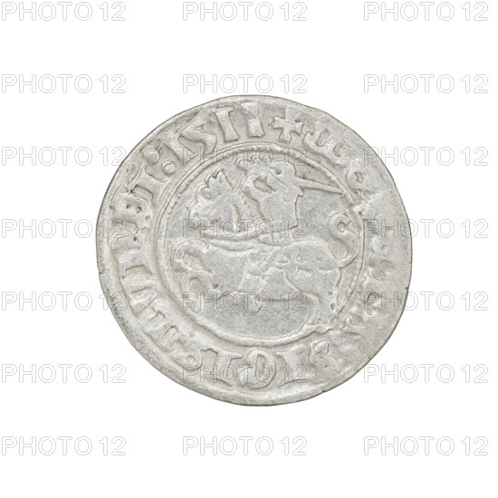 Lithuanian half-grosz, Sigismund I the Old (king of Poland; 1506–1548). Obverse: Pogon (Lithuanian coat of arms) turned left; in the rim between pearl borders an inscription: + M, TA:SIGISMVNDI:1511. Reverse: Crowned Polish Eagle; in the rim between pearl borders an inscription: + MAGNI:DVCIS:LITVANIE:. 1511. Grand Duchy of Lithuania, Vilnius. Coin (half-grosz), diameter approx. 19.8–20.3 mm, weight 1.19 g. R8 (rarity). Coats of arms: Eagle, Pogon. Jagiellon dynasty.
