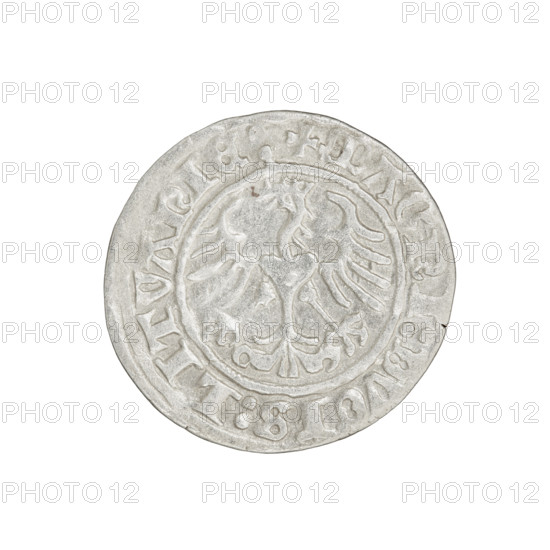 Lithuanian half-grosz, Sigismund I the Old (king of Poland; 1506–1548). Obverse: Pogon (Lithuanian coat of arms) turned left; in the rim between pearl borders an inscription: + M, TA:SIGISMVNDI:1511. Reverse: Crowned Polish Eagle; in the rim between pearl borders an inscription: + MAGNI:DVCIS:LITVANIE:, 1511. Grand Duchy of Lithuania, Vilnius. Coin; dia. 19.8–20.3 mm, weight 1.19 g. R8 (rarity).