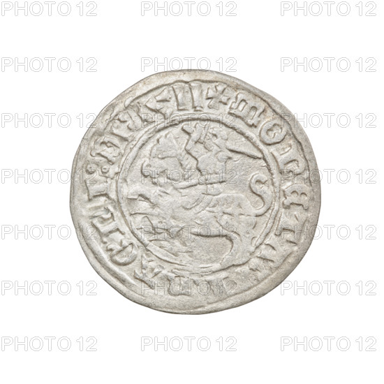 Lithuanian half-grosz, Sigismund I the Old (King of Poland; 1506–1548). Obverse: Pursuer (coat of arms of Lithuania) turned left; in the rim between pearl borders an inscription: + COIN:, MNAGNI:D, 1511. Reverse: Polish crowned eagle; in the rim between pearl borders an inscription: + MO, :DVCIS:LITVA, 1511. Date: 1511. Materials/style: coin (Grand Duchy of Lithuania). Dimensions: diameter ~20.3–20.6 mm; weight 1.16 g.