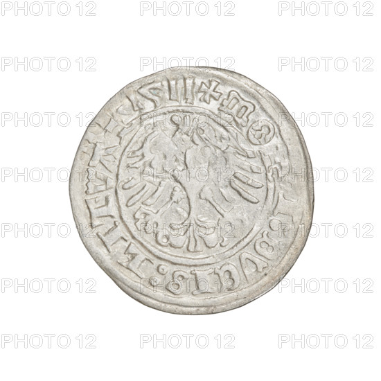 Lithuanian half-grosz, Sigismund I the Old (King of Poland; 1506–1548). Obverse: Pursuer (coat of arms of Lithuania) turned left; in the rim between pearl borders an inscription: + COIN:, MNAGNI:D, 1511. Reverse: Polish crowned eagle; in the rim between pearl borders an inscription: + MO, :DVCIS:LITVA, 1511. Dated 1511. Grand Duchy of Lithuania, Vilnius. Coin; diameter 20.3–20.6 mm; weight 1.16 g.