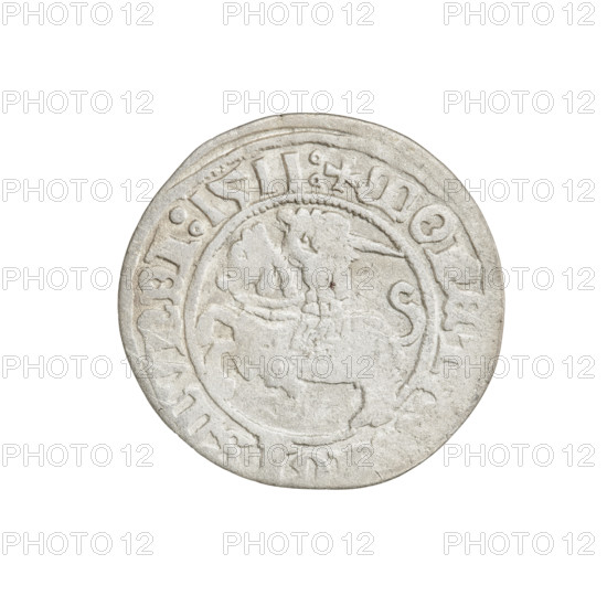 Lithuanian half-grosz, Sigismund I the Old (king of Poland; 1506–1548). Obverse: Pogon (Lithuanian charging knight) turned left; in the rim between pearl borders an inscription: + MONE, MVNDI:1511:. Reverse: Polish crowned eagle; in the rim between pearl borders an inscription: + MAGNI:DVCI, VANIE.:., 1511. Coats of arms: Eagle (coat of arms), Pogon (coat of arms); Jagiellon dynasty. Grand Duchy of Lithuania, Vilnius. Coin. Diameter 19.5–20.0 mm; weight 1.02 g.