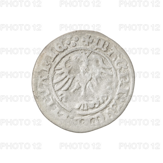 Lithuanian half-grosz, Sigismund I the Old (king of Poland; 1506–1548). Obverse: Pogon (Lithuanian coat of arms) turned left; in the rim between pearl borders an inscription: + MONE, MVNDI:1511:. Reverse: Polish eagle with a crown; in the rim between pearl borders an inscription: + MAGNI:DVCI, VANIE.:., 1511. Jagiellon dynasty; coats of arms: Eagle, Pogon. Grand Duchy of Lithuania; Vilnius. Coin. Diameter: 19.5–20.0 mm. Weight: 1.02 g.