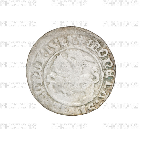 Lithuanian half-grosz, Sigismund I the Old (King of Poland; 1506–1548). Obverse: Pursuer (coat of arms of Lithuania) turned left; rim between pearl borders with inscription '+ COIN:SI, VNDI:1511'. Reverse: Polish crowned eagle; rim between pearl borders with inscription 'AGNI:DVCIS:TVANI, 1511'. Coats of arms; Jagiellon dynasty. Grand Duchy of Lithuania, Vilnius. Coin, diameter 19.5–20.0 mm, weight 1.13 g.