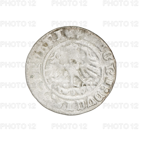 Lithuanian half-grosz, Sigismund I the Old (King of Poland; 1506–1548). Obverse: Pursuer (coat of arms of Lithuania) turned left; in the rim between pearl borders an inscription: + COIN:SI, VNDI:1511:. Reverse: Polish crowned eagle; in the rim between pearly borders an inscription: AGNI:DVCIS:, TVANI, 1511. Jagiellon dynasty; coats of arms. Grand Duchy of Lithuania, Vilnius, Poland. Coin (silver), diameter 19.5–20.0 mm, weight 1.13 g.