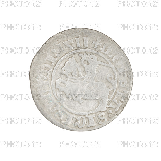 Lithuanian half-grosz, Sigismund I the Old (King of Poland; 1506–1548). Obverse: Pursuer turned left; in the rim between pearl borders an inscription: + TA:SIGISMVNDI:1511. Reverse: Polish crowned eagle; in the rim between the pearl borders an inscription: I:DVCI, ITVANI, 1511. Jagiellon dynasty; coats of arms: Eagle (coat of arms), Pursuer (coat of arms; Lithuania). Grand Duchy of Lithuania, Vilnius, Poland. Coin; diameter ~20.2–20.4 mm; weight 1.06 g.