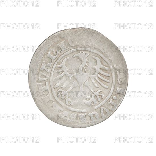 Lithuanian half-grosz, Sigismund I the Old (King of Poland; 1506–1548). Obverse: Pursuer turned left; rim between pearl borders bears inscription '+, TA:SIGISMVNDI:1511'. Reverse: Polish eagle with crown; rim between pearl borders bears inscription 'I:DVCI, ITVANI, 1511'. Coats of arms: Eagle (Poland) and Pursuer (Lithuania). Jagiellon dynasty. Grand Duchy of Lithuania, Vilnius, Poland. Coin; diameter ~20.2–20.4 mm; weight 1.06 g.