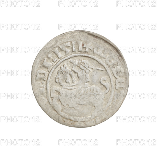Lithuanian half-grosz, Sigismund I the Old (King of Poland; 1506–1548). Obverse: Pursuer turned left; in the rim between pearl borders an inscription: + MONE, DI:1511. Reverse: Polish Eagle with a crown; in the rim between pearl borders an inscription: + MAG, E, 1511. Grand Duchy of Lithuania, Vilnius, Poland. Coats of arms: Eagle (coat of arms), Pursuer (coat of arms). Coin diameter 19.3–19.5 mm; weight 1.14 g.