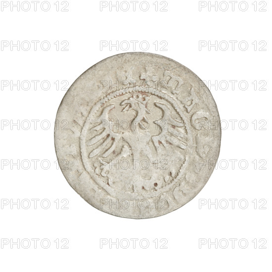 Lithuanian half-grosz, Sigismund I the Old (King of Poland; 1506–1548); eagles; Polish coins; Jagiellon dynasty; Eagle (coat of arms); Pursuer (coat of arms; Lithuania); coats of arms. Obverse: Pursuer turned left; in the rim between pearl borders an inscription: + MONE, DI:1511. Reverse: Polish Eagle with a crown; in the rim between pearl borders an inscription: + MAG, E, 1511. Grand Duchy of Lithuania, Vilnius, Poland. Coin; diameter 19.3–19.5 mm; weight 1.14 g.