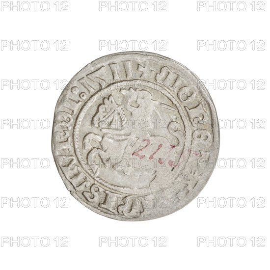 Lithuanian half-grosz, Sigismund I the Old (king of Poland; 1506–1548). Obverse: Pogon turned left; in the rim between pearl borders an inscription: + MONETA, IGISMVNDI:1511. Reverse: Polish Eagle with a crown; in the rim between pearl borders an inscription: + MAGNI:DVC, S:LITVANIE, 1511. Grand Duchy of Lithuania, Vilnius. Coin. Diameter 19.7–20.2 mm, weight 1.26 g. R8 (rarity). Coats of arms: Eagle, Pogon. Jagiellonian dynasty.