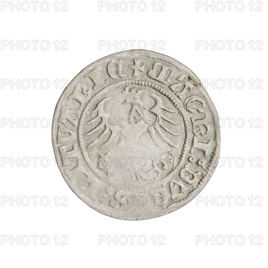 Lithuanian half-grosz, Sigismund I the Old (king of Poland; 1506–1548). R8 (rarity). Obverse: Pogon (turned left); in the rim between pearl borders an inscription: + MONETA, IGISMVNDI:1511. Reverse: Polish Eagle with a crown; in the rim between pearl borders an inscription: + MAGNI:DVC, S:LITVANIE, 1511. Grand Duchy of Lithuania, Vilnius, Poland. Coin; dia. 19.7–20.2 mm; weight 1.26 g. Coats of arms: Eagle, Pogon. Jagiellonians (dynasty).