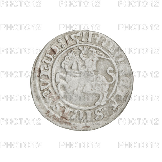 Lithuanian half-grosz, Sigismund I the Old (King of Poland; 1506–1548). Obverse: Pursuer (coat of arms of Lithuania) turned left; in the rim between pearl borders an inscription: + MO.TA:SIGISMVNDI:1511. Reverse: Polish crowned eagle; in the rim between pearl borders an inscription: + MAGNI:DVCIS:LITVANIE, 1511. Grand Duchy of Lithuania. Coin. Diameter ca. 19.7–20.0 mm; weight 1.20 g.