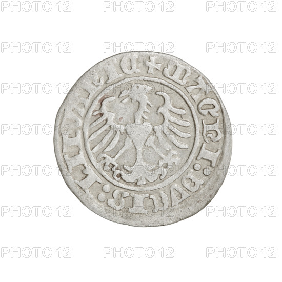 Lithuanian half-grosz, Sigismund I the Old (King of Poland; 1506–1548). Obverse: Pursuer (coat of arms of Lithuania) turned left; in the rim between pearl borders an inscription: + MO, TA:SIGISMVNDI:1511. Reverse: Polish Eagle with a crown; in the rim between pearl borders an inscription: + MAGNI:DVCIS:LITVANIE, 1511. Grand Duchy of Lithuania, Vilnius. Coin. Diameter 19.7–20.0 mm, weight 1.20 g.