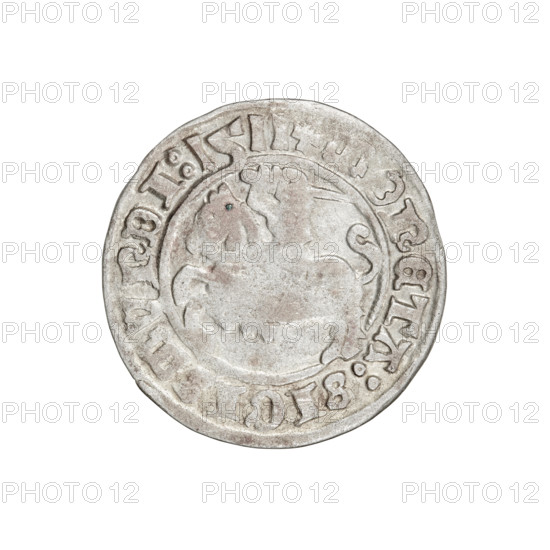 Lithuanian half-grosz, Sigismund I the Old (King of Poland; 1506–1548). Obverse: Pursuer turned left; in the rim between pearl borders an inscription: + COIN:SIGISMVNDI:1511. Reverse: Polish Eagle with a crown; in the rim between pearl borders an inscription: + MAGNI:DVCIS:LITVANIE, 1511. Grand Duchy of Lithuania, Vilnius, Poland. Coin. Diameter: 19.7–20.3 mm. Weight: 1.21 g. Coats of arms: Eagle (coat of arms), Pursuer (coat of arms); Jagiellon dynasty.