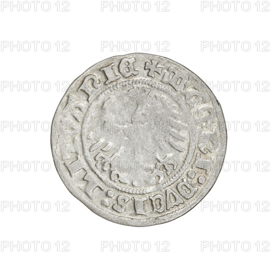 Lithuanian half-grosz, Sigismund I the Old (King of Poland; 1506–1548). Obverse: Pursuer (coat of arms of Lithuania) turned left; in the rim between pearl borders an inscription: + COIN:SIGISMVNDI:1511. Reverse: Polish eagle with crown; in the rim between pearl borders an inscription: + MAGNI:DVCIS:LITVANIE, 1511. Jagiellon dynasty; coats of arms. Grand Duchy of Lithuania. Coin diameter 19.7–20.3 mm; weight 1.21 g.