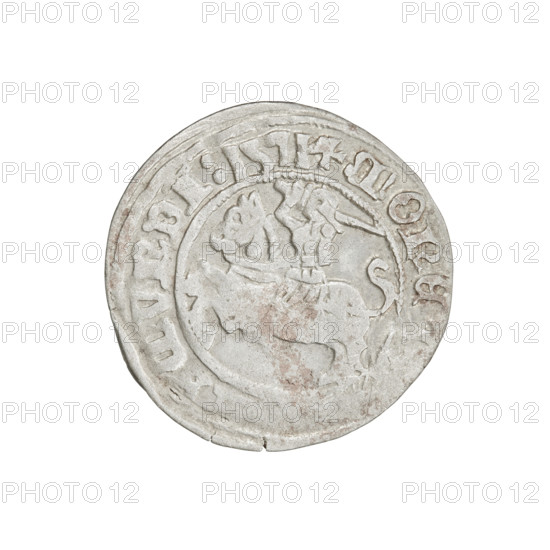 Lithuanian half-grosz, Sigismund I the Old (king of Poland; 1506–1548). Obverse: Pogon (Lithuanian coat of arms) turned left; in the rim between pearl borders an inscription: + MONE, MVNDI:1511. Reverse: Crowned Polish Eagle; in the rim between pearl borders the inscription: + MAGNI:, VCIS:L, NIE:, 1511. Jagiellonian dynasty; coats of arms. Grand Duchy of Lithuania, Vilnius. Coin. Diameter: 19.8–20.1 mm. Weight: 1.20 g.