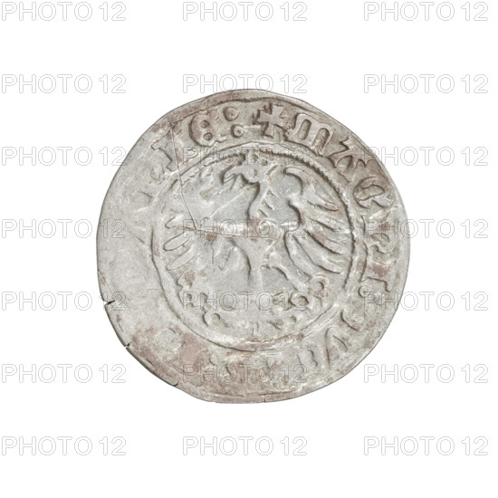 Lithuanian half-grosz, Sigismund I the Old (king of Poland; 1506–1548). Obverse: Pogon (Lithuanian coat of arms) turned left; in the rim between pearl borders an inscription: + MONE, MVNDI: 1511. Reverse: Crowned Polish Eagle; in the rim between pearl borders the inscription: + MAGNI:, VCIS:L, NIE:, 1511. Coats of arms: Eagle and Pogon. Grand Duchy of Lithuania; Vilnius. Coin. Diameter: 19.8–20.1 mm. Weight: 1.20 g.