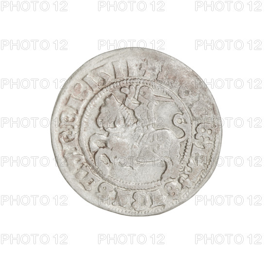 Lithuanian half-grosz, Sigismund I the Old (King of Poland; 1506–1548). Obverse: Pursuer (coat of arms of Lithuania) turned left; in the rim between pearl borders an inscription: + COIN:SIGISMVNDI:1511. Reverse: Polish eagle with a crown; in the rim between pearl borders an inscription: + MAGNI:DVCIS:LITVANIE. Dated 1511. Grand Duchy of Lithuania (Vilnius). Coin. Diameter 19.8–20.5 mm. Weight 1.18 g.