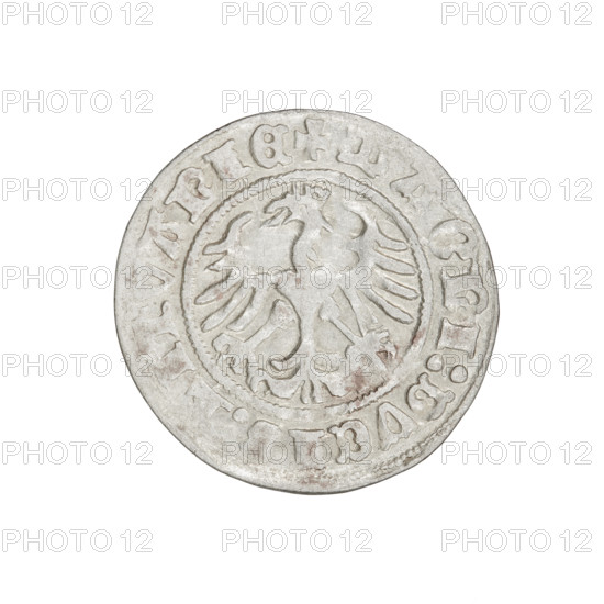 Lithuanian half-grosz, Sigismund I the Old (King of Poland; 1506–1548). Obverse: Pursuer (coat of arms of Lithuania) turned left; in the rim between pearl borders an inscription: + COIN:SIGISMVNDI:1511. Reverse: Polish eagle with a crown; in the rim between pearl borders an inscription: + MAGNI:DVCIS:LITVANIE, 1511. Grand Duchy of Lithuania, Vilnius. Coin; diameter 19.8–20.5 mm; weight 1.18 g.