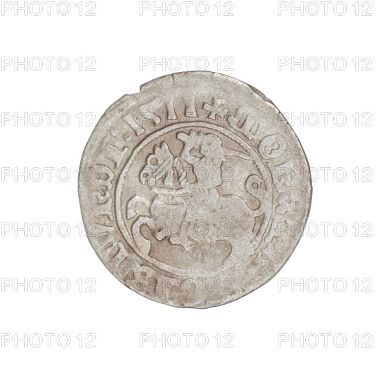 Lithuanian half-grosz, Sigismund I the Old (King of Poland; 1506–1548). Obverse: Pursuer turned left; in the rim between pearl borders an inscription: + COIN, GISMVNDI:1511. Reverse: Polish eagle with a crown; in the rim between pearly borders the inscription: MAGNI:DVCIS, LITVANIE.:., 1511. Grand Duchy of Lithuania, Vilnius. Coin; diameter 19.4–19.8 mm; weight 1.19 g.
