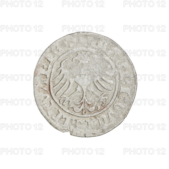 Lithuanian half-grosz, Sigismund I the Old (King of Poland; 1506–1548). Obverse: Pursuer (coat of arms of Lithuania) turned left; in the rim between pearl borders an inscription: + COIN, GISMVNDI:1511. Reverse: Polish eagle with a crown; in the rim between pearly borders the inscription: MAGNI:DVCIS, LITVANIE.:., 1511. Materials/attributes: coin; Grand Duchy of Lithuania, Vilnius; diameter 19.4–19.8 mm; weight 1.19 g. Subjects/ motifs: eagles, Jagiellon dynasty, coats of arms.