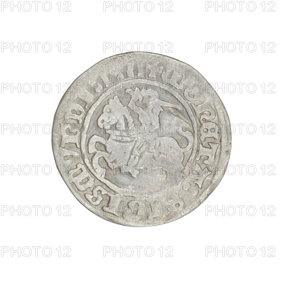 Lithuanian half-grosz, Sigismund I the Old (King of Poland; 1506–1548). Obverse: Pursuer (coat of arms of Lithuania) turned left; in the rim between pearl borders an inscription: + COIN:SIGISMVNDI:1511. Reverse: Polish eagle with a crown; in the rim between pearl borders an inscription: + MAGNI:DVCIS, LITVANIE:, 1511. Grand Duchy of Lithuania, Vilnius; coin. Diameter: 19.7–20.2 mm; weight: 1.09 g.
