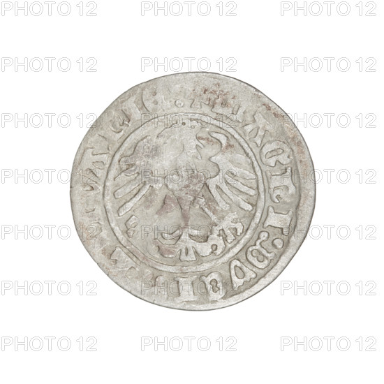 Lithuanian half-grosz, Sigismund I the Old (King of Poland; 1506–1548). Obverse: Pursuer (coat of arms of Lithuania) turned left; in the rim between pearl borders an inscription: + COIN:SIGISMVNDI:1511. Reverse: Polish crowned Eagle; in the rim between pearl borders an inscription: + MAGNI:DVCIS, LITVANIE:, 1511. Grand Duchy of Lithuania, Vilnius. Coin. Diameter 19.7–20.2 mm; weight 1.09 g.