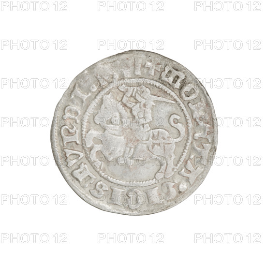 Lithuanian half-grosz, Sigismund I the Old (King of Poland; 1506–1548). Obverse: Pogon (Lithuanian coat of arms) turned left; in the rim between pearl borders an inscription: + COIN: SIGISMVNDI. Reverse: Polish Eagle with a crown; in the rim between pearly borders an inscription: + MAGNI:DVCIS:LITVANI. Dated 1511. Grand Duchy of Lithuania, Vilnius. Coin. Diameter 19.3–20.0 mm; weight 1.23 g.