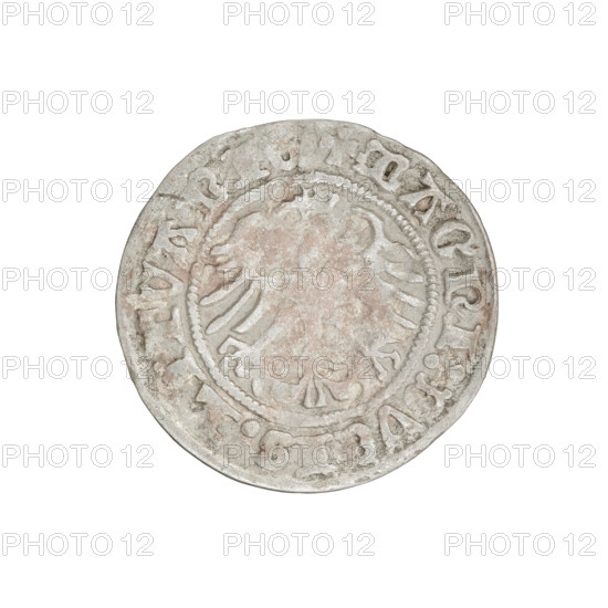 Lithuanian half-grosz, Sigismund I the Old (King of Poland; 1506–1548). Obverse: Pogon turned left; in the rim between pearl borders an inscription: + COIN: SIGISMVNDI. Reverse: Polish crowned eagle; in the rim between pearl borders an inscription: + MAGNI:DVCIS:LITVANI. Dated 1511. Grand Duchy of Lithuania, Vilnius. Coin. Diameter 19.3–20.0 mm, weight 1.23 g. Coats of arms: Eagle (Poland), Pogon (Lithuania); Jagiellon dynasty.