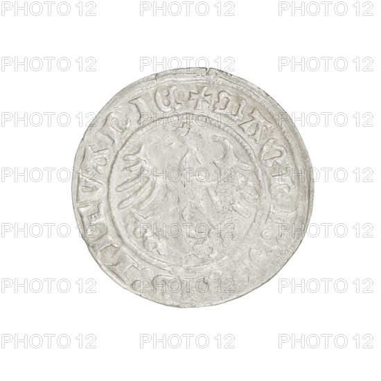 Lithuanian half-grosz, Sigismund I the Old (King of Poland; 1506–1548). Obverse: Pogon (Lithuanian coat of arms) turned left; in the rim between pearl borders an inscription: + COIN:SIGISMVNDI:1511. Reverse: Polish crowned eagle; in the rim between pearl borders an inscription: + MAGNI:DVCIS:LITVANIE, 1511. Coats of arms; Jagiellon dynasty. Grand Duchy of Lithuania. Coin (dia. 19.8–20.0 mm), weight 1.26 g.