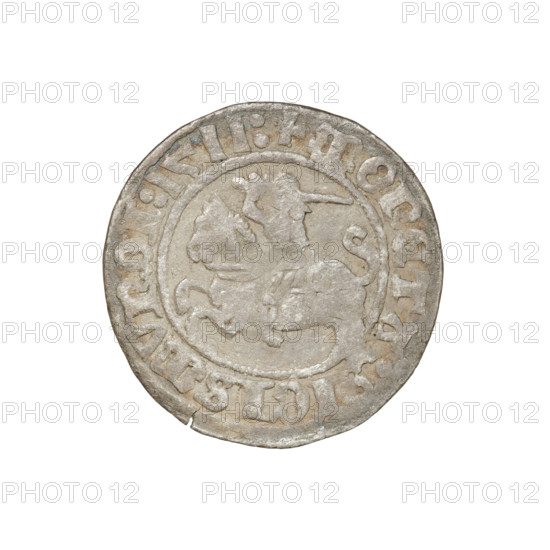 Lithuanian half-grosz, Sigismund I the Old (King of Poland; 1506–1548). Obverse: Pogon (mounted knight) turned left; in the rim between pearl borders an inscription: + COIN:SIGISMVNDI:1511:. Reverse: Polish crowned eagle; in the rim between pearl borders an inscription: + MAGNI:DVCIS:LITVANIE. Dated 1511. Grand Duchy of Lithuania (Vilnius). Coin, dia. 19.5–19.8 mm, weight 1.07 g.