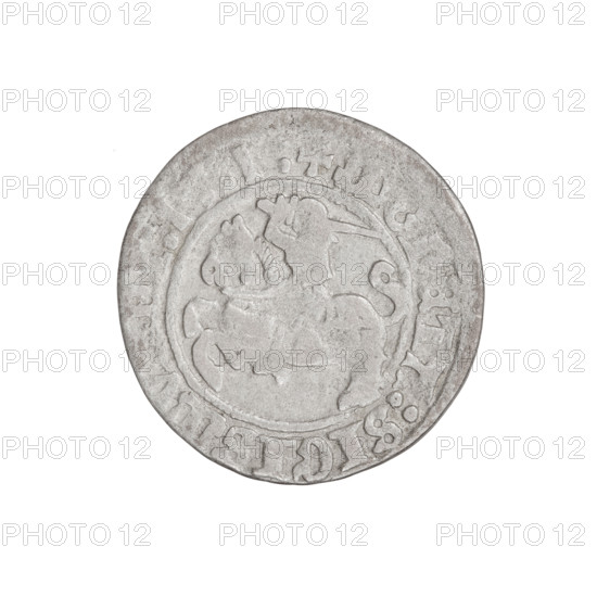 Lithuanian half-grosz, Sigismund I the Old (King of Poland; 1506–1548). Obverse: Pursuer turned left; in the rim between pearl borders an inscription: + COIN:SIGISMV, DI:1511:. Reverse: Polish Eagle with a crown; in the rim between pearly borders an inscription: + MAGNI:DVCIS:LITVANIE, 1511. Jagiellon dynasty; coats of arms: Eagle (coat of arms), Pursuer (coat of arms; Lithuania). Grand Duchy of Lithuania, Vilnius. Coin. Diameter 19.4–20.0 mm; weight 1.15 g.