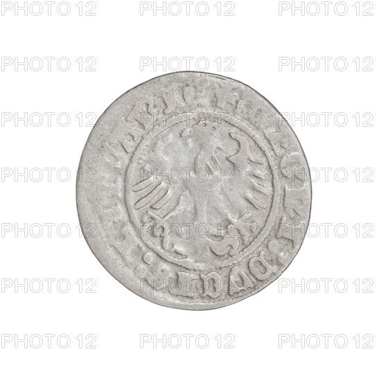 Lithuanian half-grosz, Sigismund I the Old (King of Poland; 1506–1548). Obverse: Pursuer turned left; in the rim between pearl borders an inscription: + COIN:SIGISMV, DI:1511:. Reverse: Polish crowned eagle; in the rim between pearly borders an inscription: + MAGNI:DVCIS:LITVANIE, 1511. Grand Duchy of Lithuania, Vilnius. Coin. Diameter 19.4–20.0 mm, weight 1.15 g.