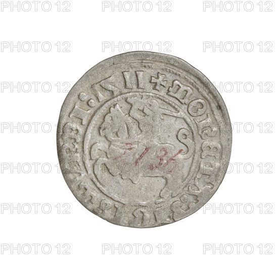 Lithuanian half-grosz, Sigismund I the Old (king of Poland; 1506–1548). Obv.: Pogon turned left; in the rim between pearl borders an inscription: + COIN:SIGISMVNDI:1511. Rev.: Polish Eagle with a crown; in the rim between the pearl borders the inscription: + MAGNI:DVCIS:LITVANIE:. 1511. Grand Duchy of Lithuania, Vilnius, Poland. Coin (half-grosz); diameter 20.0–20.2 mm, weight 1.24 g. R8 (rarity). Subjects/ motifs: eagles; Jagiellonians (dynasty); Eagle (coat of arms); Pogon (coat of arms); coats of arms.