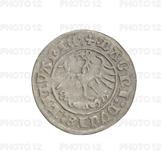 Lithuanian half-grosz, Sigismund I the Old (king of Poland; 1506–1548). Obverse: Pogon (Lithuanian coat of arms) turned left; in the rim between pearl borders the inscription '+ COIN:SIGISMVNDI:1511'. Reverse: Polish crowned eagle; in the rim between the pearl borders the inscription '+ MAGNI:DVCIS:LITVANIE:'. Date: 1511. Grand Duchy of Lithuania, Vilnius, Poland. Coin. Diameter ca. 20.0–20.2 mm. Weight 1.24 g. R8 (rarity).