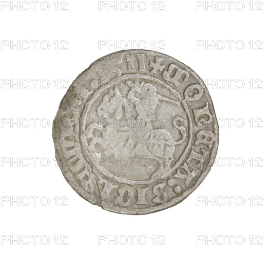 Lithuanian half-grosz, Sigismund I the Old (King of Poland; 1506–1548). Obverse: Pogon (Lithuanian coat of arms) turned left; in rim between pearl borders an inscription: + COIN:SIGI, I:1511. Reverse: Polish crowned eagle; in rim between pearl borders an inscription: + MAG, VCIS:LITVANIE, 1511. Jagiellon dynasty; coats of arms: Eagle and Pogon. Grand Duchy of Lithuania, Vilnius. Coin diameter approx. 19.2–20.0 mm; weight 1.02 g.