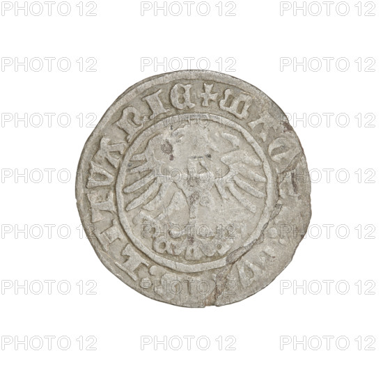 Lithuanian half-grosz, Sigismund I the Old (King of Poland; 1506–1548). Obverse: Pogon (mounted knight) turned left; in the rim between pearl borders an inscription: + COIN:SIGI, I:1511. Reverse: Polish crowned eagle; in the rim between pearl borders an inscription: + MAG, VCIS:LITVANIE, 1511. Coats of arms: Pogon and Eagle. Grand Duchy of Lithuania, Vilnius. Coin; diameter ca. 19.2–20.0 mm; weight 1.02 g.
