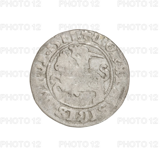 Lithuanian half-grosz, Sigismund I the Old (King of Poland; 1506–1548). Obverse: Pogon (Lithuanian coat of arms) turned left; in the rim between pearl borders an inscription '+ COIN: SIGISMVNDI', dated 1511. Reverse: Polish crowned eagle; in the rim between pearl borders an inscription '+ MAGNI:DVCIS:LITVANIE:', dated 1511. Grand Duchy of Lithuania, Vilnius. Coin. Diameter ca. 19.0–19.6 mm; weight 1.13 g.