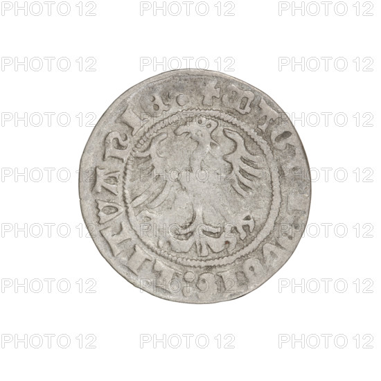 Lithuanian half-grosz, Sigismund I the Old (King of Poland; 1506–1548). Obverse: Pogon (Lithuanian coat of arms) turned left; in the rim between pearl borders an inscription: + COIN: SIGISMVNDI, 1511. Reverse: Polish crowned eagle; in the rim between pearl borders an inscription: + MAGNI:DVCIS:LITVANIE:, 1511. Jagiellon dynasty; Grand Duchy of Lithuania; Vilnius. Coin (metal), diameter 19.0–19.6 mm, weight 1.13 g.