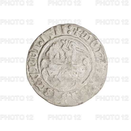 Lithuanian half-grosz, Sigismund I the Old (King of Poland; 1506–1548). Obverse: Pogon (Lithuanian coat of arms) turned left; in the rim between pearl borders an inscription: + MON, SMVNDI:1511:. Reverse: Polish crowned eagle; in the rim between pearl borders an inscription: + MAGNI:DVCIS:LI, 1511. Jagiellon dynasty; coats of arms present (Eagle, Pogon). Grand Duchy of Lithuania, Vilnius. Coin; diameter ~19.6–20.0 mm; weight 1.07 g.