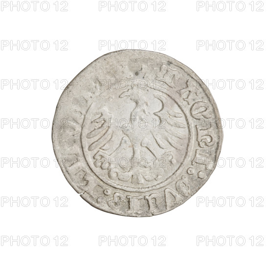Lithuanian half-grosz, Sigismund I the Old (King of Poland; 1506–1548). Obverse: Pogon (Lithuanian coat of arms) turned left; in the rim between pearl borders an inscription: + MON, SMVNDI:1511:. Reverse: Polish crowned eagle; in the rim between pearl borders an inscription: + MAGNI:DVCIS:LI, 1511. Grand Duchy of Lithuania, Vilnius. Coin. Diameter: 19.6–20.0 mm. Weight: 1.07 g.