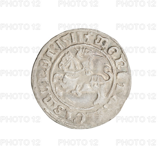 Lithuanian half-grosz, Sigismund I the Old (king of Poland, 1506–1548). Obverse: Pogon (Lithuanian charging knight) turned left; in the rim between pearl borders an inscription: + MON, GISMVNDI:1511. Reverse: Polish crowned Eagle; in the rim between pearl borders an inscription: + MAGNI:DVCIS:LITVANIE, 1511. Coats of arms: Eagle (Poland) and Pogon (Lithuania). Grand Duchy of Lithuania. Coin. Diameter: 19.7–20.1 mm. Weight: 1.23 g.